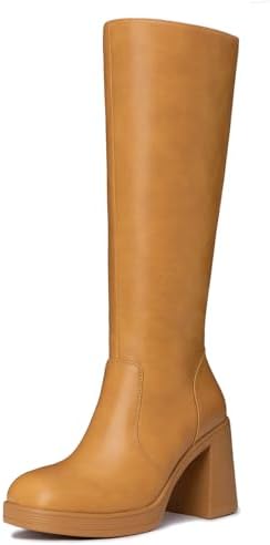 Athlefit Black Knee High Boots for Women Platform Tall Boots Fashion Square Toe Chunky Heeled Booties