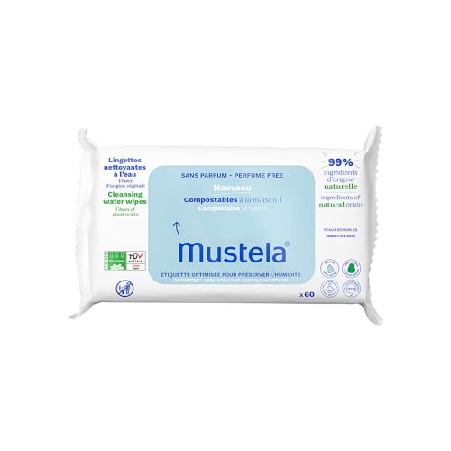 Mustela Toalhas Umedecidas Compostáveis Sem Perfume 60 Unidades - Feito com 99% de Ingredientes Naturais - Lenços Umedecidos sem fragrância Mustela Bebê e Criança