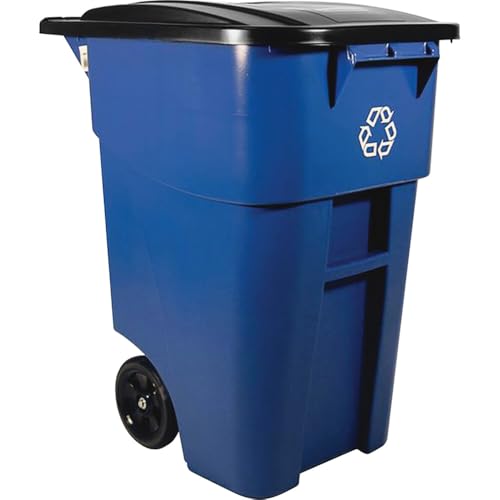 Image of Rubbermaid Commercial Products BRUTE Rollout Heavy-Duty Wheeled Recycling Can /Bin, 50-Gallon, Blue Recycling, for Restaurants /Hospitals /Offices /Warehouses /Garage, Pack of 2