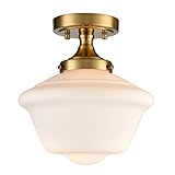 SAMTEEN Gold Semi Flush Mount Modern Schoolhouse Ceiling Light, Milk Glass, 10 Inches for Hallway, Bedroom, Kitchen, Living Room