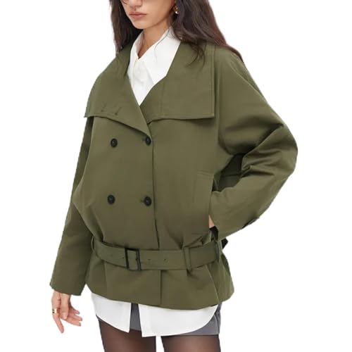 Image of Hixiaohe Double Breasted Cropped Trench Coat for Women Casual Dressy Funnel Neck Relaxed Fit Windproof Work Jacket with Belt(Olive,M)