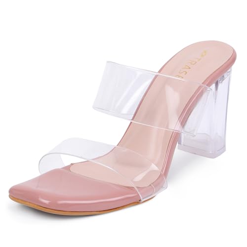 Image of TRASE Transparent Double Strap Block Heels for Women Stylish | Fashionable Heel Sandals for Girls | Elegant & Formal Footwear