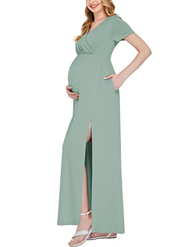 Liu & Qu Maternity Dress Short Sleeve Ruched Waist Casual Wrap Maxi Split Pregnancy Dress For Photoshoot Baby Shower Sage Green #TOP2