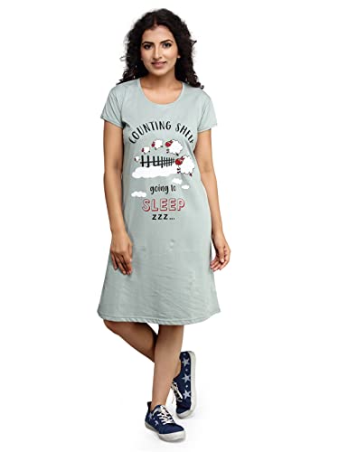 Image of Meerkat Women Short Sleeve Knee Length Cotton Knits Printed Short Nighty /Long Shirt /Midi