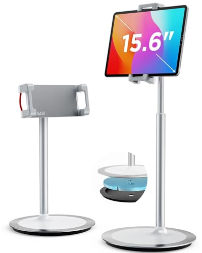 SAIJI Stojak na tablet, regulowany stojak na telefon, obracany o 360 stopni, podstawka ze stopu aluminium, stacja dokująca do telefonów ekranowych 4,7" - 12,9" (srebrny)