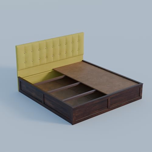 Image of Sheesham Wood Queen Size Bed with Storage Box | Upholstered Beds | Platform Cot with Cushioned Headboard | Double Bed for Home | Recommended Mattress 78x60 Inch | Mustard & Walnut Finish