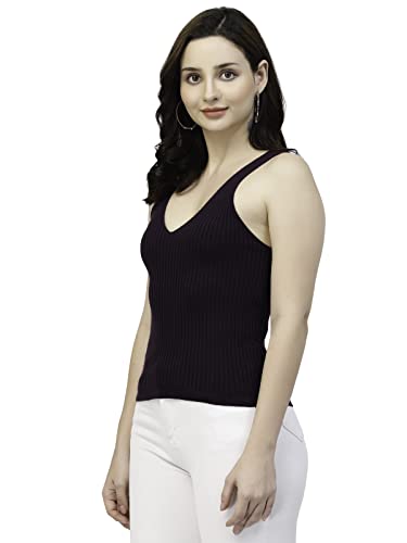 Image of Kalt Women Knitted, Ribbed Cotton Fitted Sleeveless V-Neck Cami Tank Top for Women Stylish