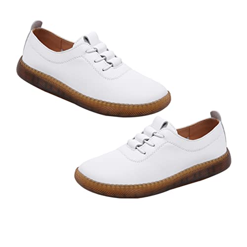 VALICLUD Damen Lederschuhe Flach rutschfest Freizeitschuhe Weiß Größe 37 Atmungsaktiv Komfortabel Für Alltag