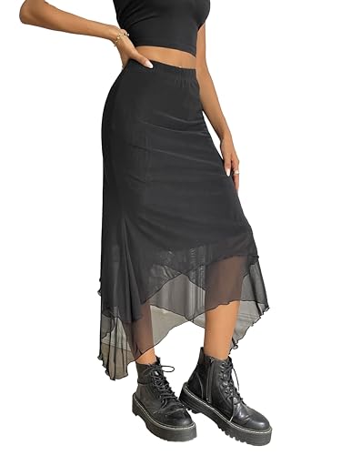 Avanova Women Mesh Asymmetrical Mermaid Midi Skirt High Waist Fishtail Long Skirt3