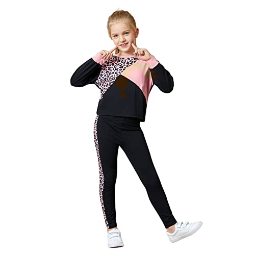 Image of PATPAT Big Kid Girls 2 Piece Outfits Crew Neck Leopard Color Block Top and Leggings Girl Sweatpants Tracksuits, Black, 7-8 Years