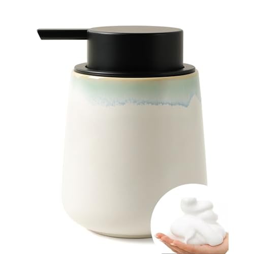 BosilunLife Foam Hand Soap Dispenser - 12 oz Bathroom Hand Pump Dispenser Foaming Soap Dispenser Ceramic Dish Wash Dispenser for Kitchen, White with Blue-Green Rim White With Blue-green Rim