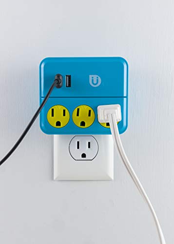 Uber Power Tap Charging Station, 3 Grounded Outlets, 2 Usb Charger Ports, 2.1A, 3 Prong, Phone Holder, Perfect Outlet Extender For Kids Rooms, Twist-To-Close Safety Covers, Ul Listed, Blue/Yellow, 25114 #TOP4