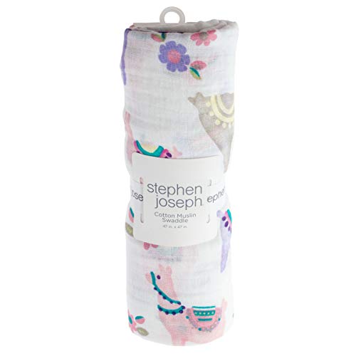 Image of Stephen Joseph, Muslin Swaddle Blanket for Baby Girls and Boys, Newborn Receiving Swaddling, 100% Cotton Wrap, 47 x inches, Llama