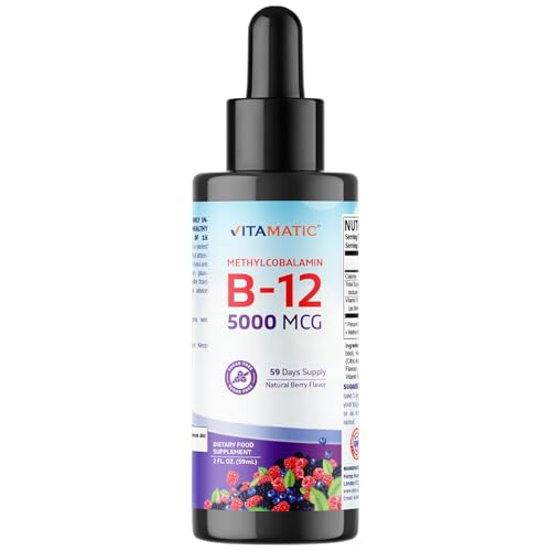 Vitamatic Fast-Acting Liquid Vitamin B12 5000 mcg Methylcobalamin Natural Berry Flavor Sublingual Formula for Enhanced Absorption 2 fl oz