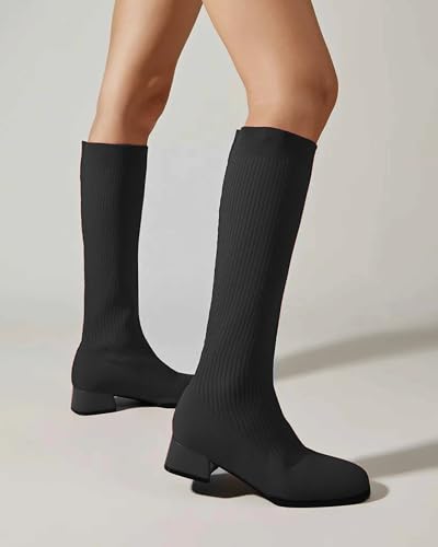 Women's Knee High Knit Chunky Heel Non-Slip Boots - Warm Stretch Winter Booties, Slip-Resistant Sole for Commute & Casual Wear4