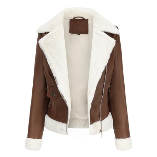 DLLDLGG Veste En Cuir Surdimensionnée pour Femme, Manteau D'hiver En Peau De Mouton Doublé Polaire Épaisse, Veste Aviateur Courte