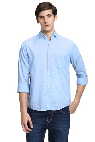 Image of Dennis Lingo Men's Cotton Blue Printed Slim Fit Button-Down Full Sleeves Casual Shirt