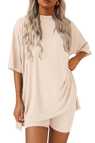 PRETTYGARDEN Women 2 Piece Lounge Set 2026 Summer Casual Oversized Shirts Biker Shorts Matching Airport Travel Outfit Clothes (Beige,Medium)