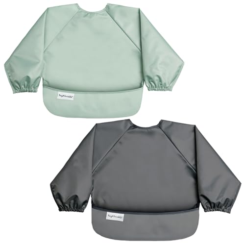 Image of Tiny Twinkle Long Sleeve Bib for Babies & Toddlers | 2-Pack Waterproof Smock Bib for Eating | Machine Washable & Mess-Proof Feeding Essentials | Newborn Shower Gift (Sage Charcoal,6–24M)
