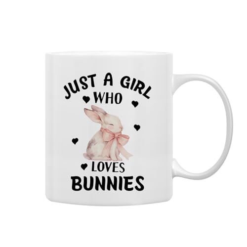 QASHWEY Bunny Mug, Bunny Gifts for Girls Women, Pink Bow Coquette Bunny Themed Coffee Mug Tea Cup Gifts for Bunny Lovers Girls Women, Just a Girl Who Loves Bunnies Coffee Cups Ceramic 11oz