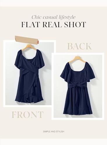 Image of Dokotoo Women's Wrap V Neck Short Flared Sleeve Wedding Guest Dress Smocked Elastic Waist Tiered Belted Ruffle Hem Mini Dress