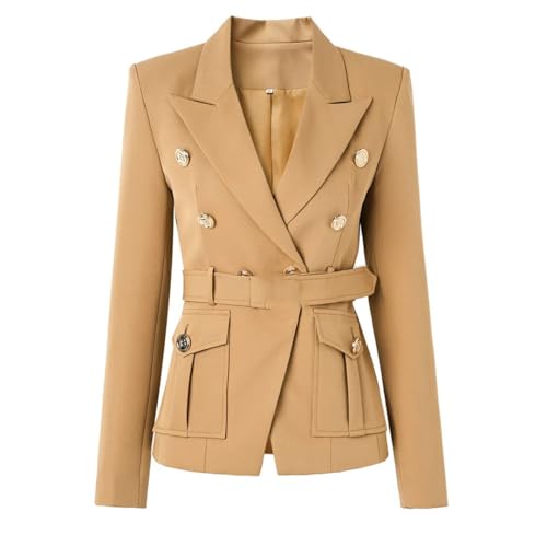 Women Color Classic Style Pocket Design Bodycon Khaki Blazer with Belt Jackets