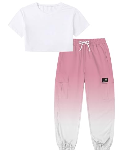 Image of Betusline Girls 2 Piece Set, White Cute Short Sleeve Crop Tops + Pink Gradient Cargo Jogger Pants Clothes, 6-7Y = Tag 130