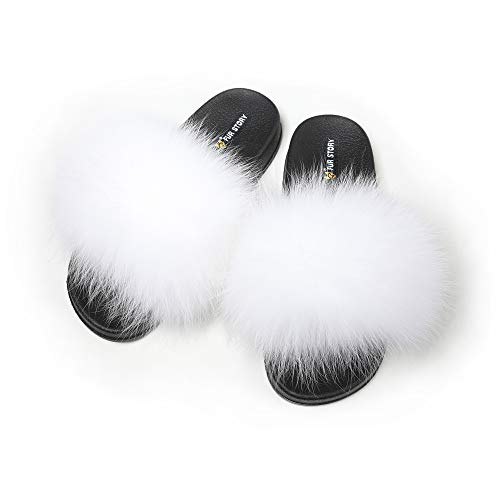 Fur Story Women's Fox Fur Slides Furry Slide for Outdoor Fluffy Sandals Open Toe Fur Slippers (White, 8.5) - Thumbnail 4
