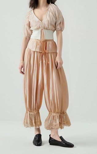 Image of Women Lace Long Bloomers Pants Elastic Waist Y2k Ruffle Pettipants Slip Cute Pantaloons Pumpkin Pants