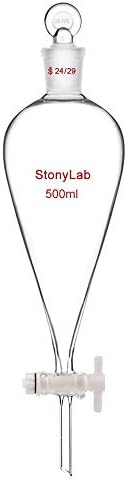stonylab PTFE Stopcock Separatory Funnel 500 ml, Borosilicate Glass Heavy Wall Conical Pear-Shaped Funnel with 24/29 Joint