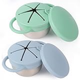 Solinfant 2 Pack Stainless Steel Spill Proof Snack Cup for Baby Toddlers Kids, with Silicone Food Catcher, Travel Lid, Spill-Proof Bowl Containers, Toddlers Essentials, Non Toxic BPA Free
