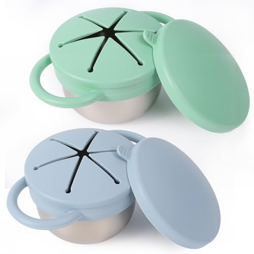 Solinfant 2 Pack Stainless Steel Spill Proof Snack Cup for Baby Toddlers Kids with Silicone Food Catcher Travel Lid Spill-Proof Bowl Containers Toddlers Essentials Non Toxic BPA Free