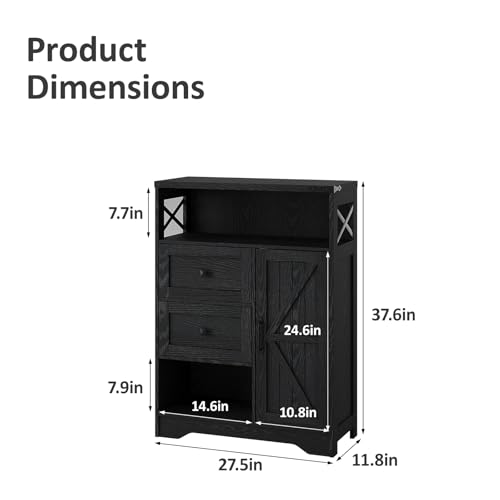 Fameill Farmhouse Storage Cabinet with 2 Drawers & Shelves,Freestanding Kitchen Cabinet with Doors,Floor Storage Organization for Living Room,Bathroom,Laundry,Black