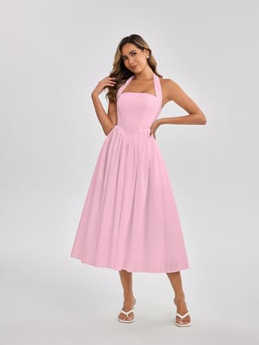 Image of Parthea Women's Floral Halter Corset Midi Dress 2026 Elegant Smocked Flowy Wedding Guest Dresses with Pockets