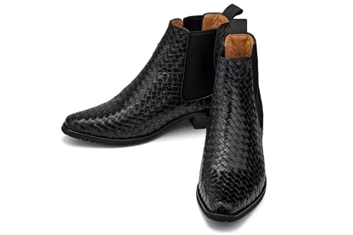 Image of CALTO Men's Invisible Height Increasing Elevator Shoes - Black Premium Leather Woven Slip-on Chelsea Ankle Boots - 3.3 Inches Taller - K30521 - Size 6 D(M) US