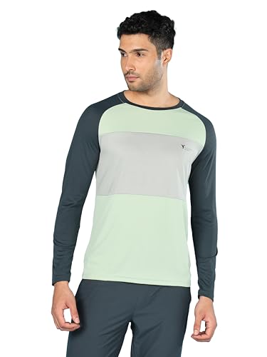 Image of TECHNOSPORT Men's Slim Fit Polyester Color Block Athleisure Crew Neck T-Shirt with Full Sleeve, Moisture Wicking and Quick Dry