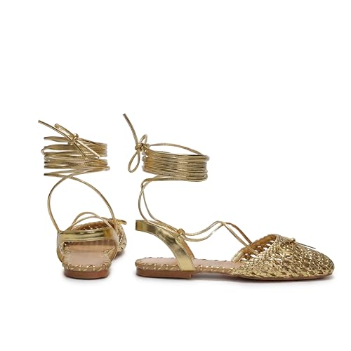 Image of Woven Ballet Flats for Women Lace Up Closed Square Toe Summer Sandals Dressy Shoes
