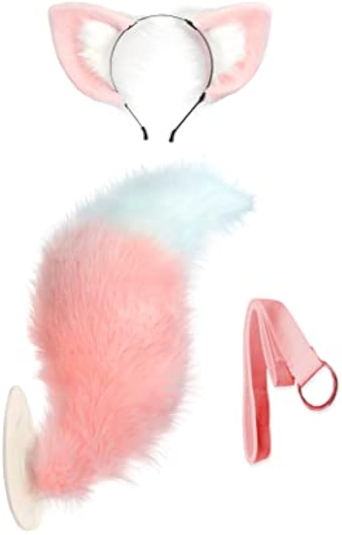 Faux Fur Ears and Stand Upright Wagging Puffy Tail Set, Halloween Cosplay Prop Accessories