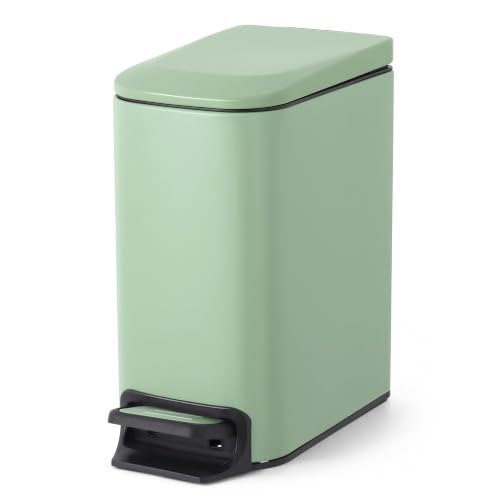 Image of Cesun Small Bathroom Trash Can with Lid, 1.6 Gal, Soft Close, Sage Green | Step pedal soft close, Slim 5.9in fits narrow spaces, Stainless steel, Anti-fingerprint, Removable inner bucket, Odor seal