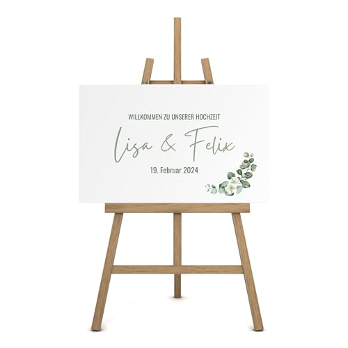 Willkommensschild Hochzeit auf Leinwand personalisiert (60x40cm) Eingang Deko für Taufe & Geburtstag mit Namen und Datum I Eukalyptus Türschild Willkommen