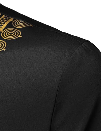 ZEROYAA Men's African Ethnic Hidden Button Short Sleeve Shirt Metallic Gold Printed Dashiki4