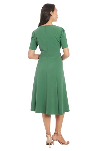 Image of London Times Women's Short Sleeve Crepe Fit and Flare Midi with Waist Button Detail