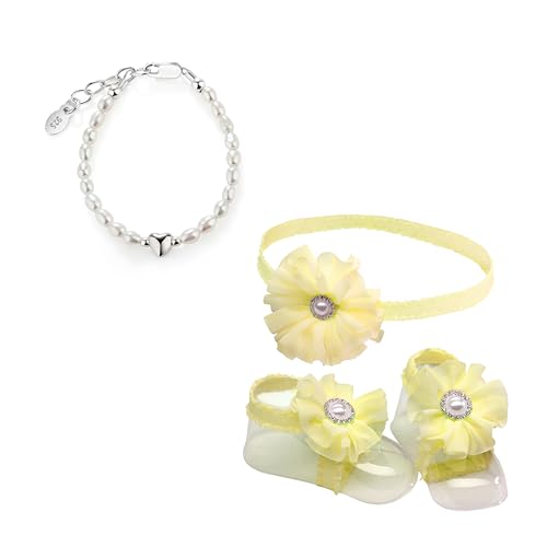 Cherished Moments Sterling Silver Dainty Cultured Pearl Baby Bracelet and Yellow Baby Barefoot Sandal Set