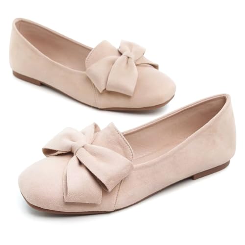 Hee grand Bowknot Ballet Flats for Women Square Toe Dressy Shoes Suede Comfort Slip-On Loafers Casual Women's Flats