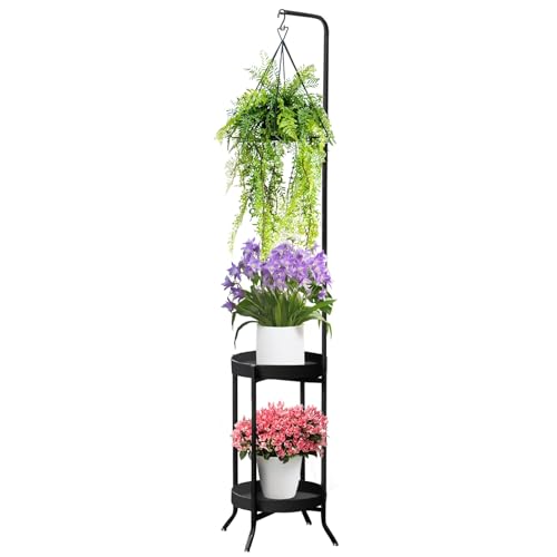 RINBOU Hanging Plant Stand Indoor Outdoor Space-Saving Corner Metal Plant Shelf 3 Potted Flower Pot Stand 2 Tier 61 Tall Modern Planter Holder for Patio Garden Balcony Living Room Bedroom Black