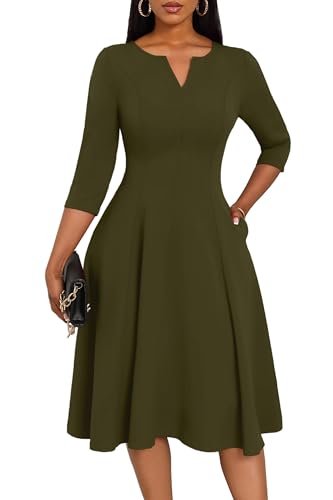Image of Nmoder Midi Dresses for Women A-Line Fit and Flare Dress 3 /4 Sleeve V Neck Cocktail Wedding Guest Work Dress with Pockets