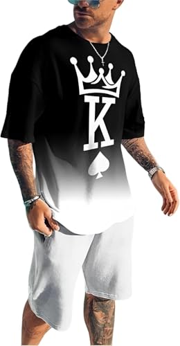 Men's Short Sets 2 Piece Summer Outfits Tracksuits Short Sleeve Shirt and Shorts Vacation Outfits 3D Poker Shirt