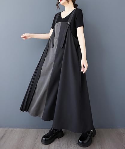 ellazhu Women's Dress Squareneck Sleeveless Pleats Patchwork Color Block Adjustable Strap with Pocket GZ4994