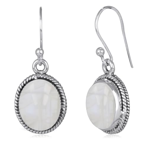Pierre de lune bleue en boucles d'oreilles ethniques argent, idée cadeau femme