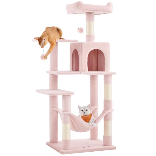 Image of Feandrea Cat Tree, 54.2-Inch Cat Tower, Plush Multi-Level Condo with 4 Scratching Posts, 2 Perches, Hammock, Cave, Jelly Pink UPCT161P01